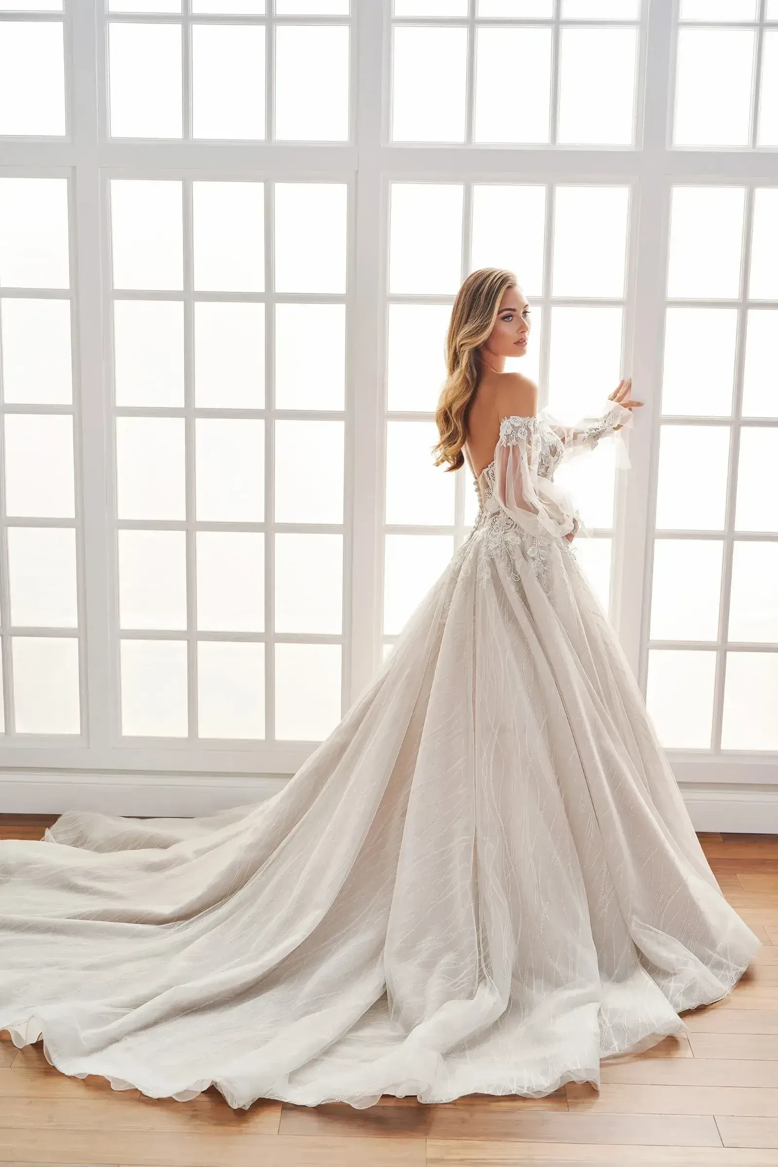 model is wearing a strapless ball gown with detachable sleeves