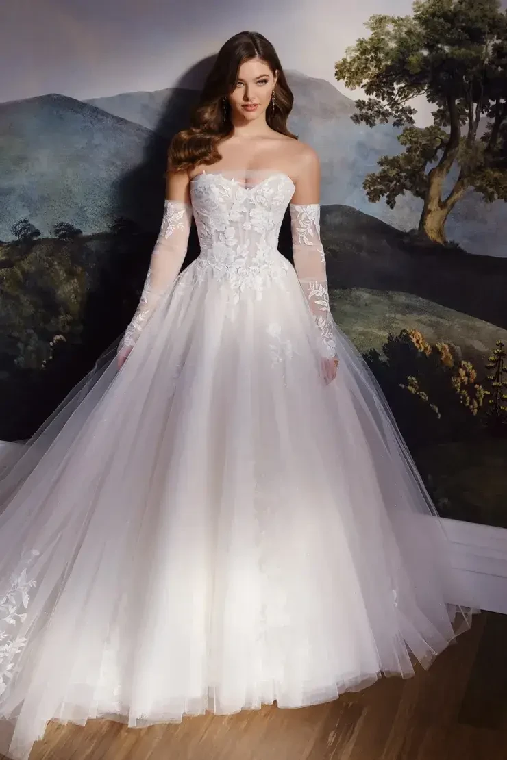 lace wedding dress and veil Designer Flower Lace Plunging Modern Nude Watteau Train Wedding Dress, White