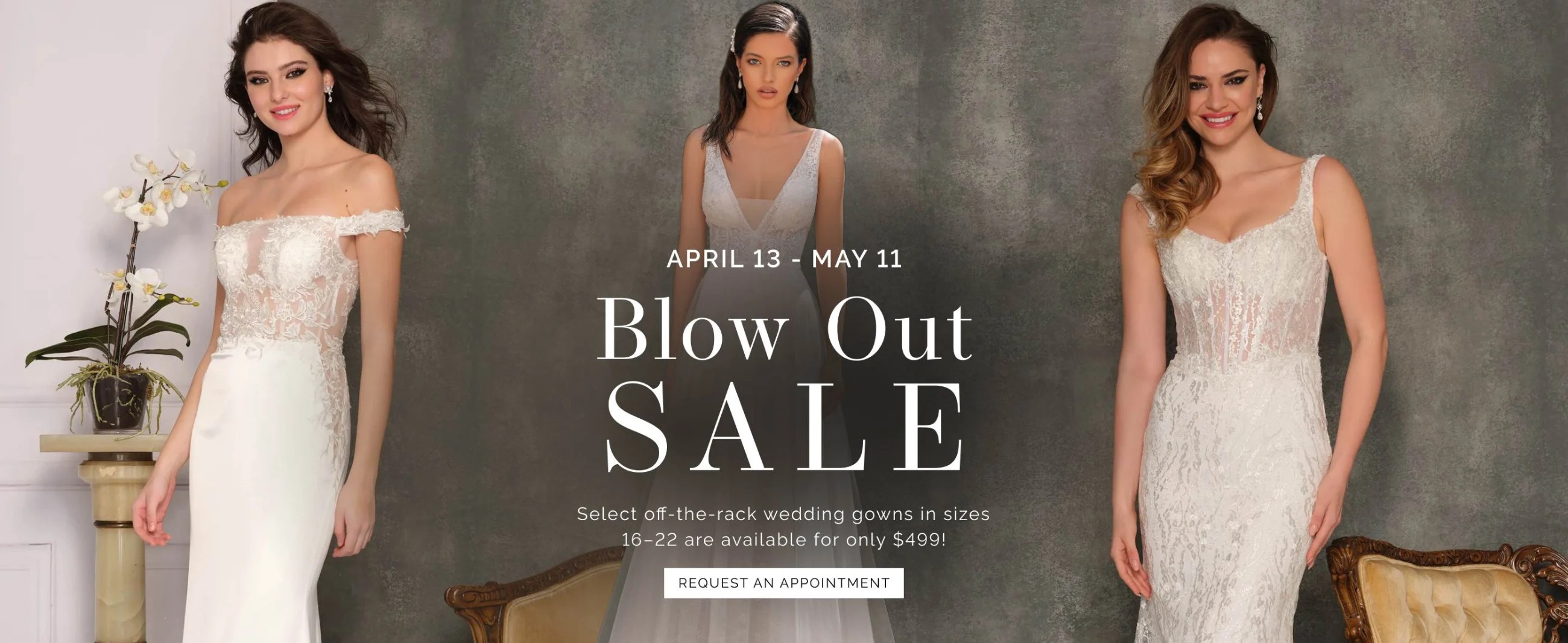 Blow Out Sale Desktop banner 3 models wearing white gown
