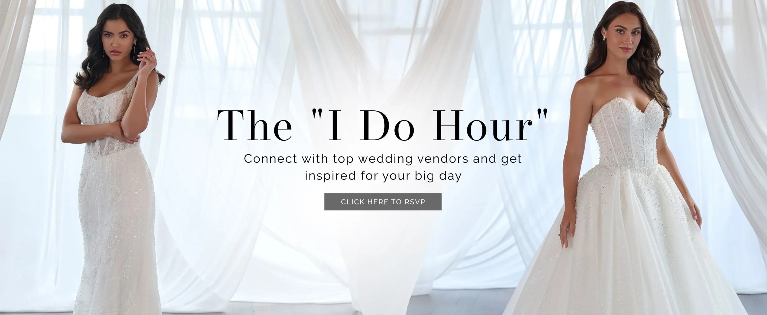 2 models wearing bridal gowns, The I Do Hour banner desktop