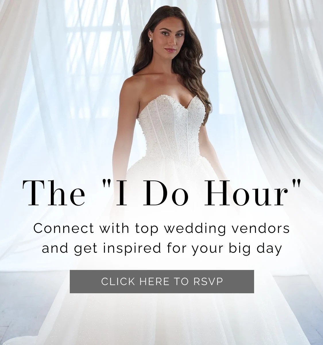 Model wearing a bridal gown, The I Do Hour banner mobile