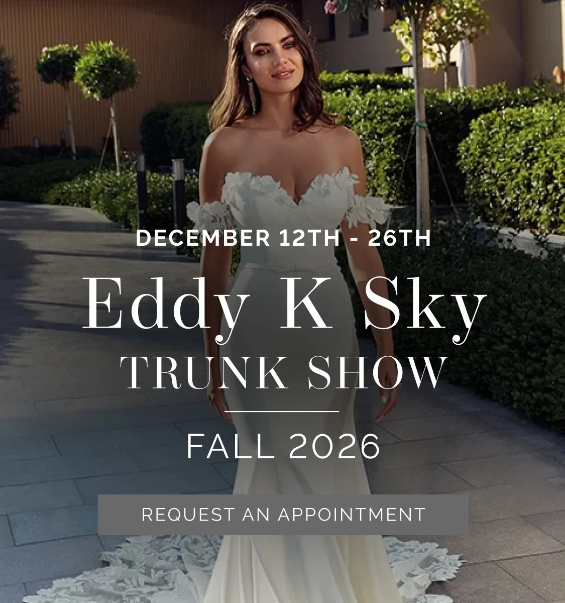 Model Wearing Eddy K Sky gown, Eddy K Sky Trunk Show mobile banner