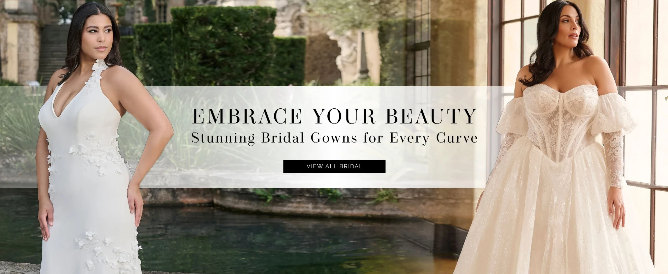 Models wearing Adrianna Papell Platinum 31330W and House of Wu 15925W bridal gowns, desktop banner