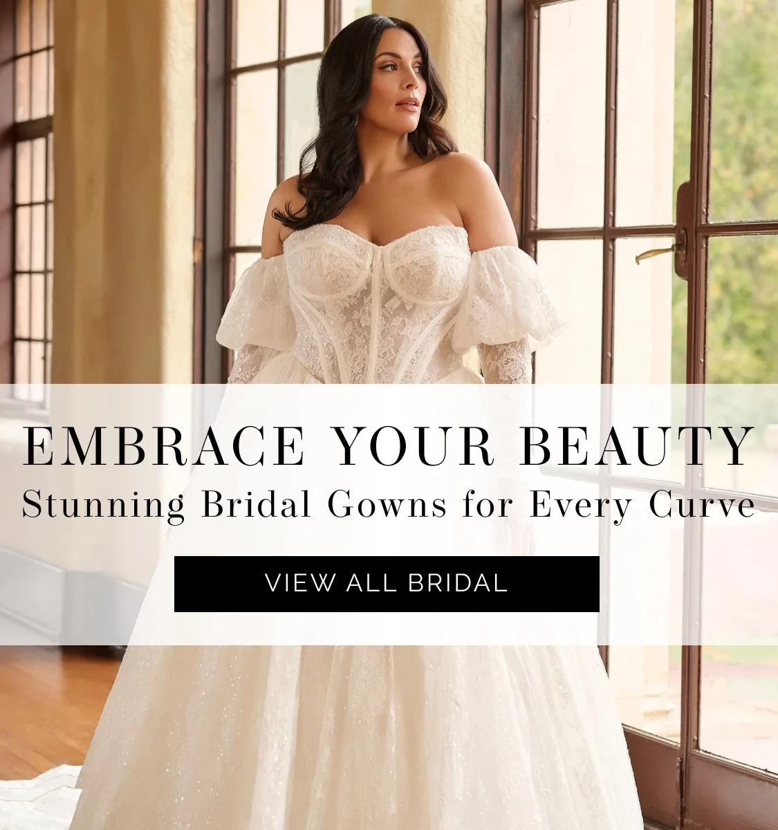 Model wearing House of Wu 15925W bridal gown, mobile banner