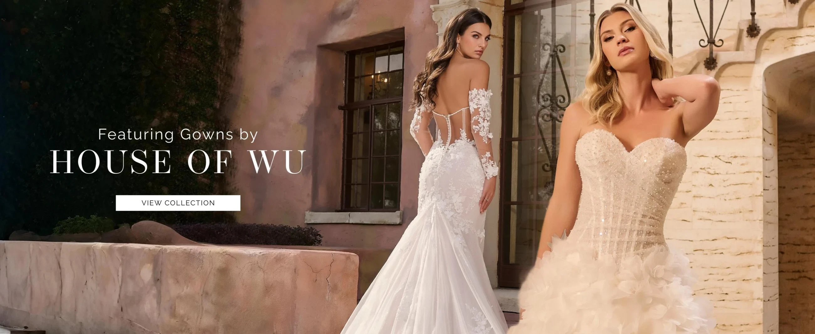 Models wearing House of Wu 15932 and 15944 bridal gowns, desktop banner