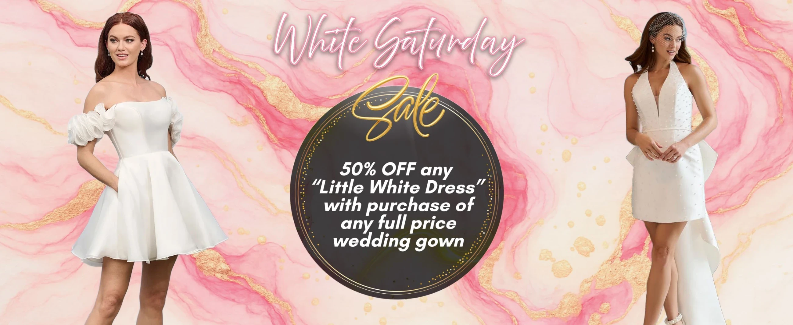 Models wearing Little White Dresses, White Saturday Sale desktop banner