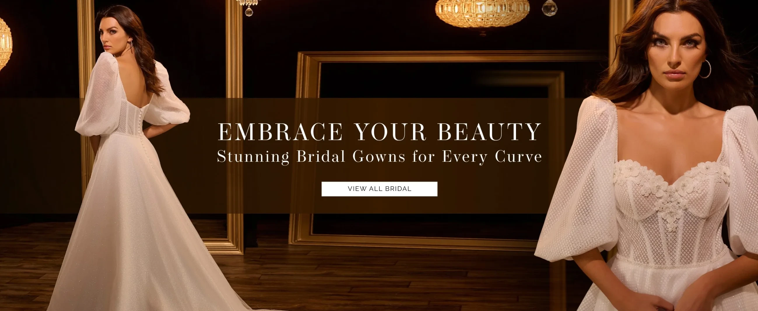 Model wearing Christina Wu Brides wedding dress, desktop banner