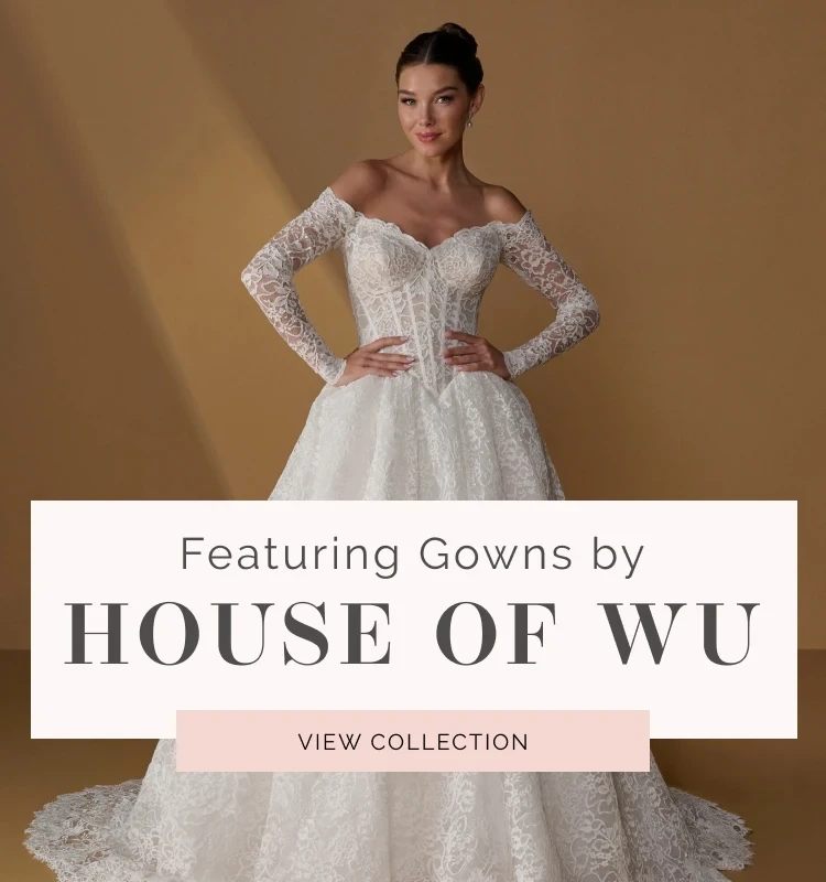 Model wearing House of Wu bridal dress, mobile banner