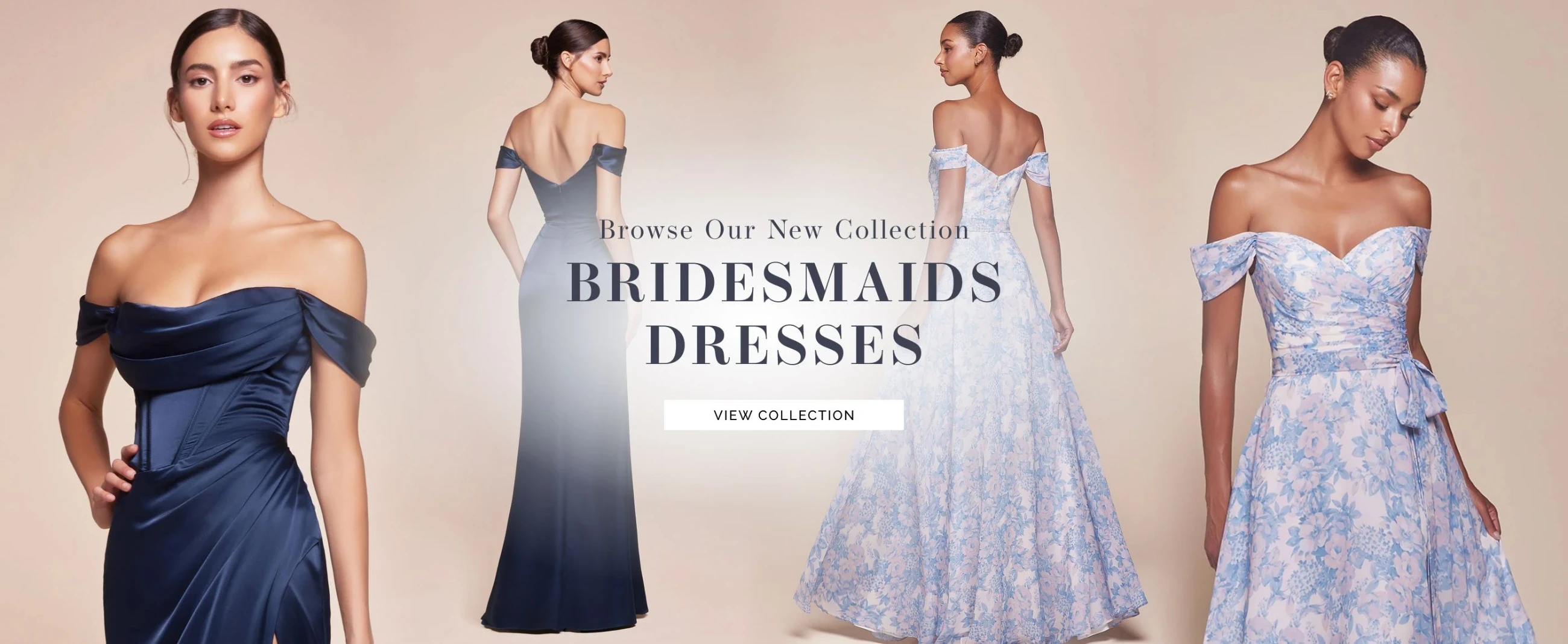 Models wearing bridesmaids gowns, desktop banner