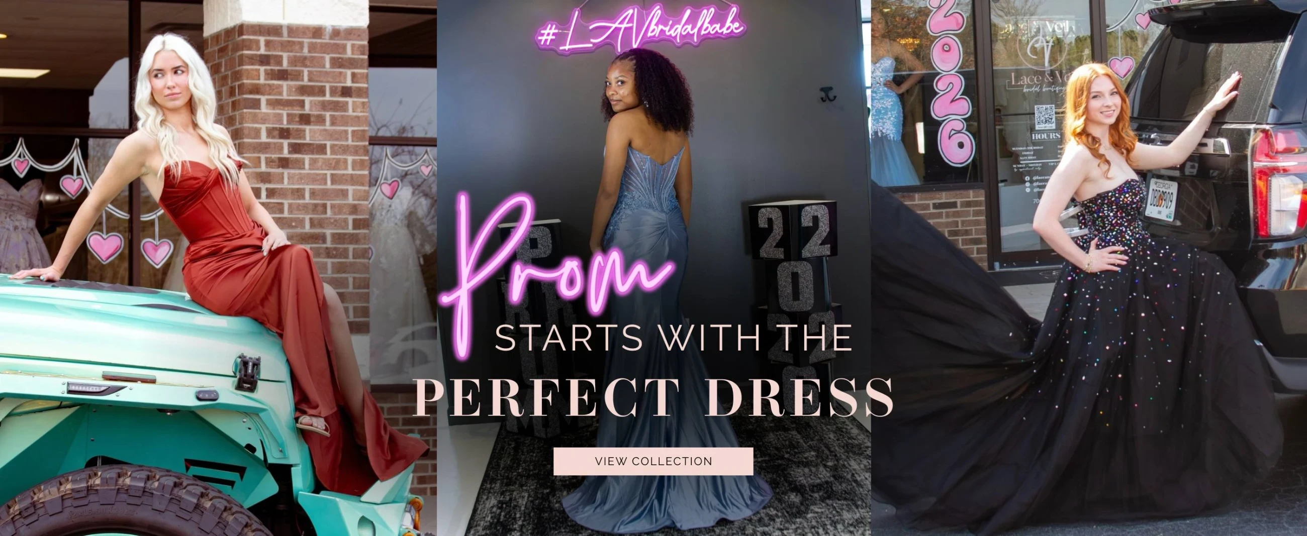 Models wearing prom dresses, desktop banner