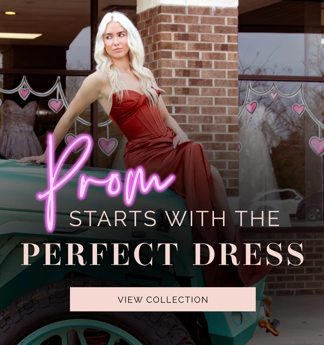 Models wearing prom dresses, mobile banner