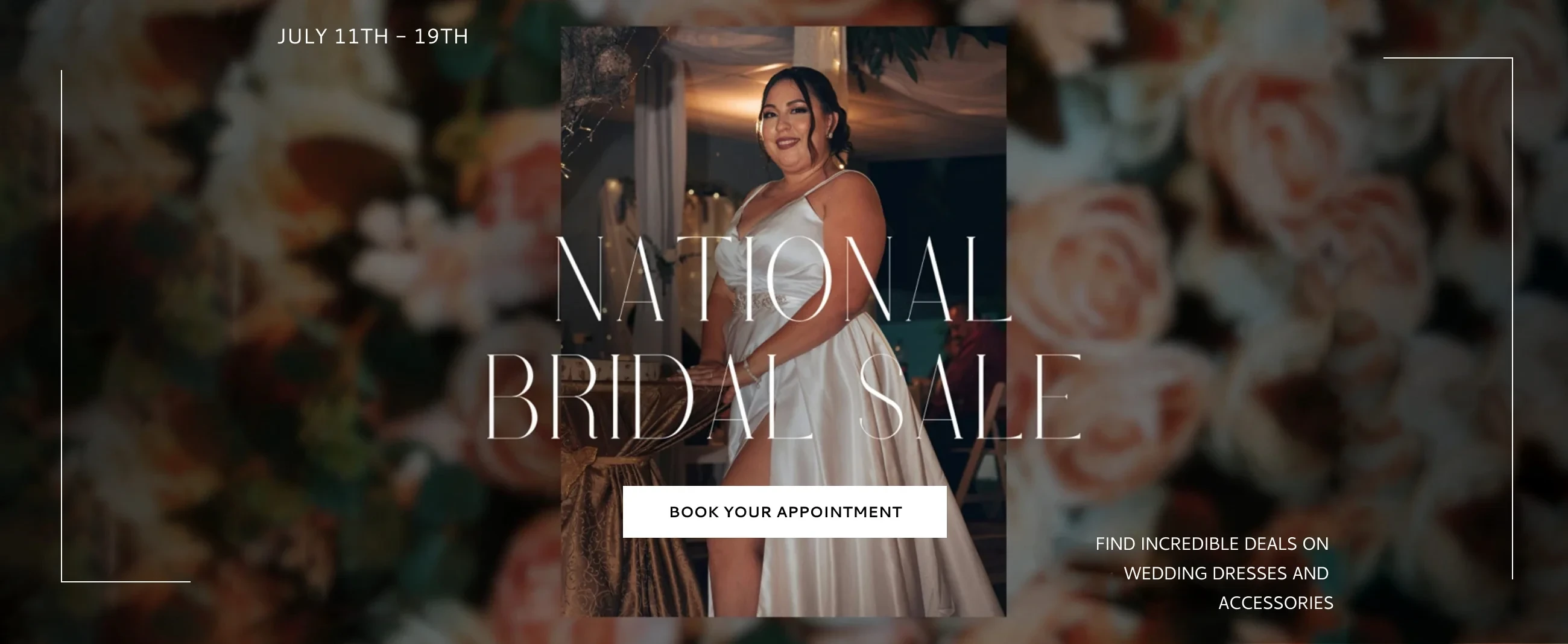 Plus size model wearing bridal gown, National Bridal Sale desktop banner