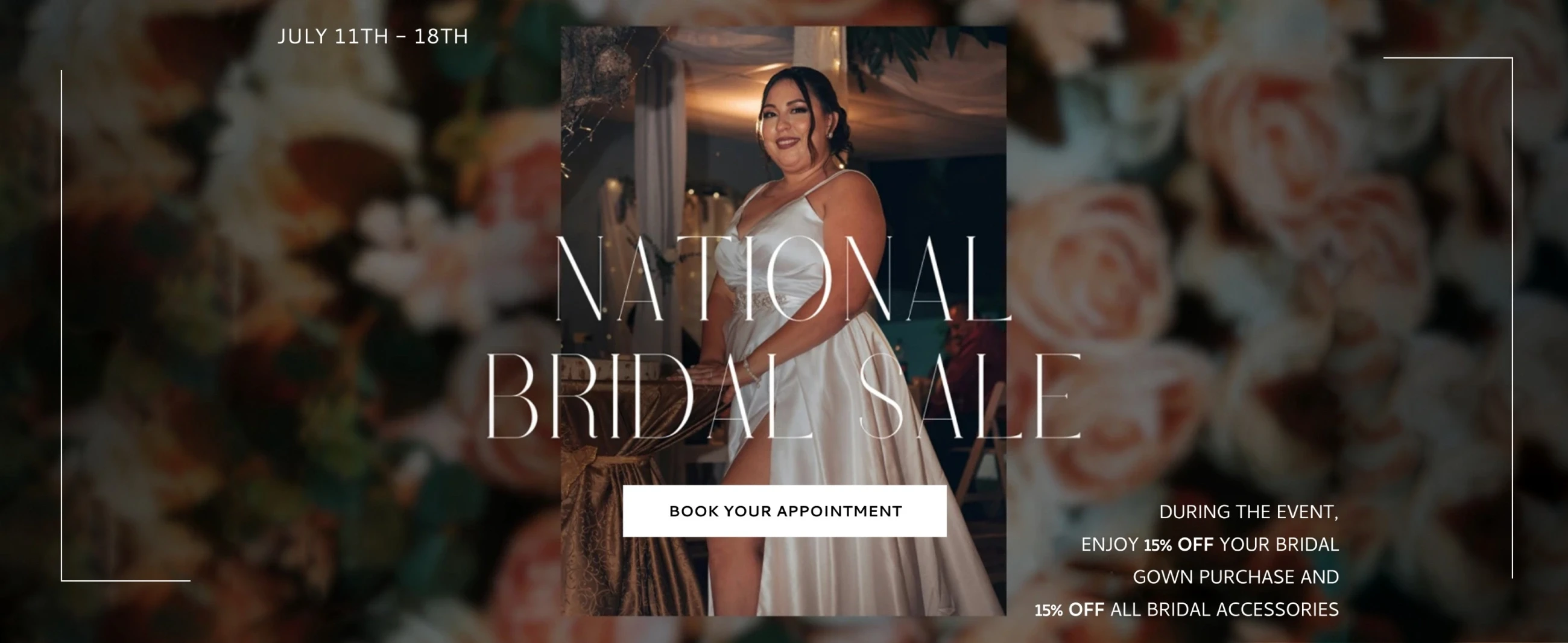 Plus size model wearing bridal gown, National Bridal Sale events desktop banner