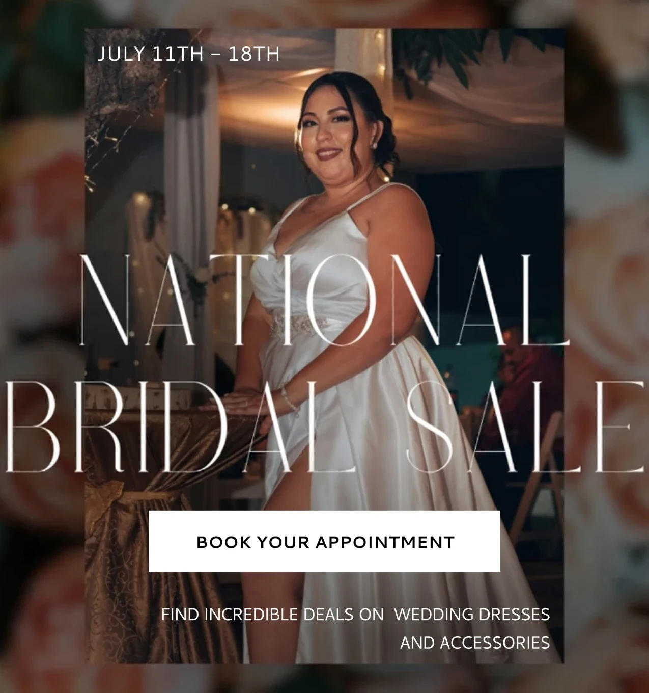 Plus size model wearing bridal gown, National Bridal Sale events mobile banner
