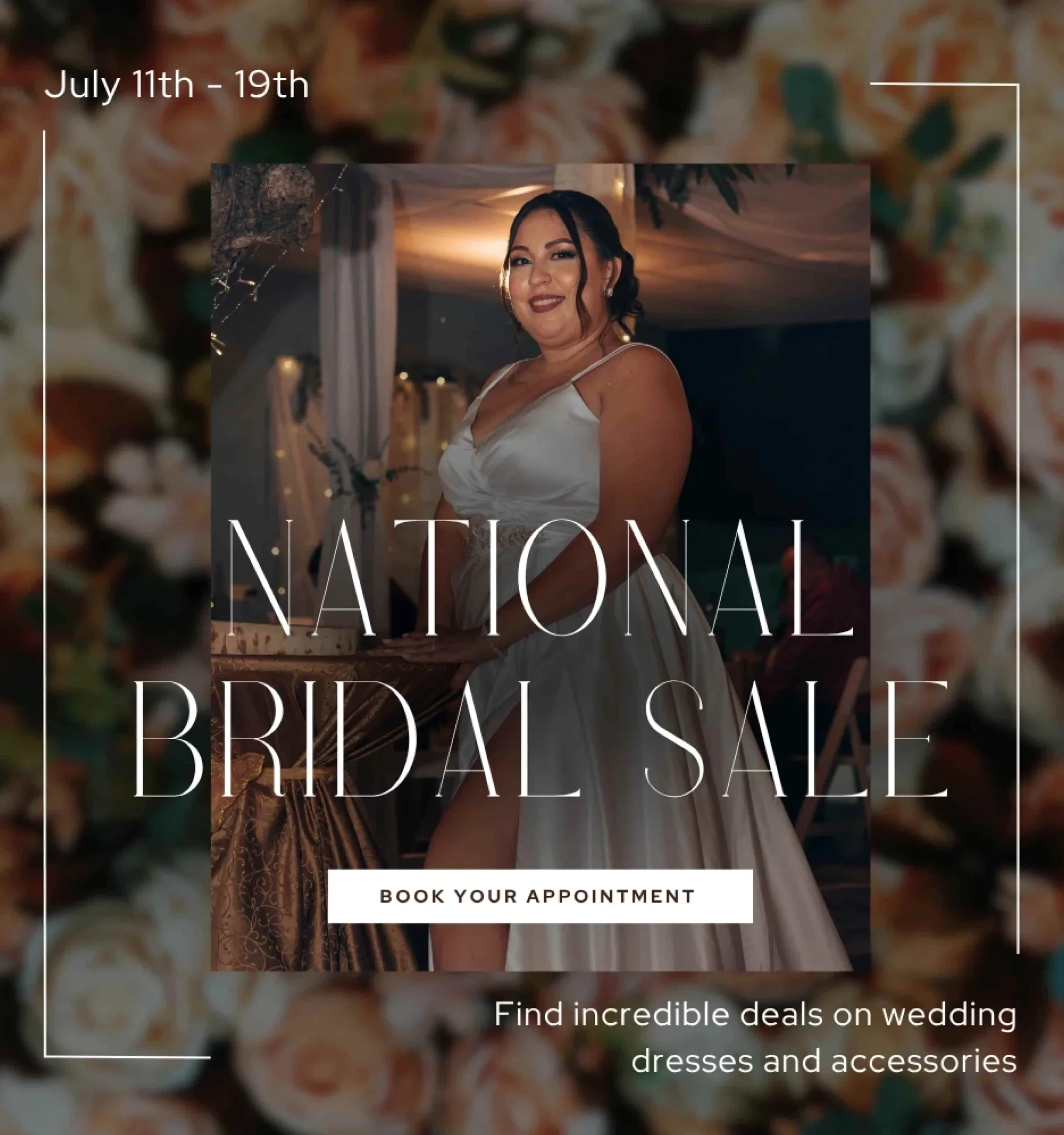 Plus size model wearing bridal gown, National Bridal Sale mobile banner