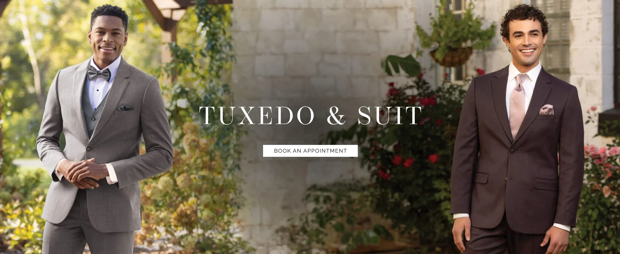 Models wearing tuxedos, tuxedo & suit desktop banner