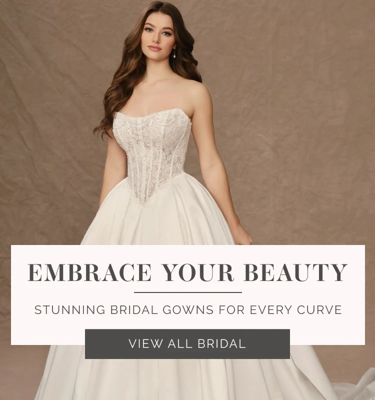 Model wearing Martin Thornburg bridal dress, mobile banner