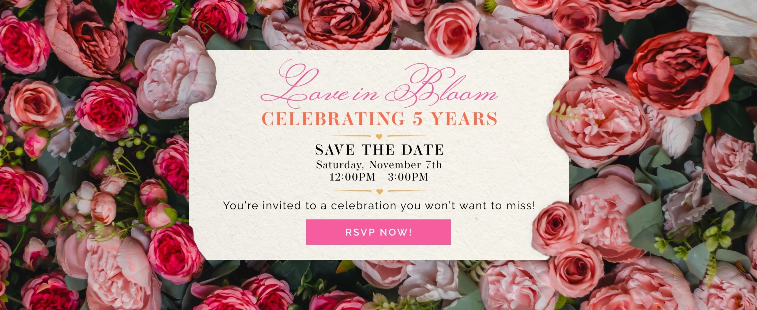Love in bloom celebrating 5 years desktop banner