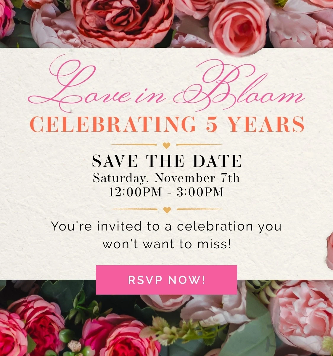 Love in bloom celebrating 5 years mobile banner